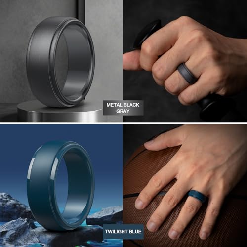 Image of Egnaro Men's Silicone Wedding Rings: Classic Black Step Edge Rubber band 10mm Wide 2.5mm Thick- Hypoallergenic for Gym /Outdoor /Gift(1 /4 /7 Variety Pack with Half Size)
