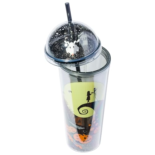 Image of Silver Buffalo Disney Nightmare Before Christmas, Travel Tumbler, 24oz | Tim Burton, Jack Skellington, Sally and Zero, Glitter Finish, Moon Scene, Dome, Top, 0.71 Liters