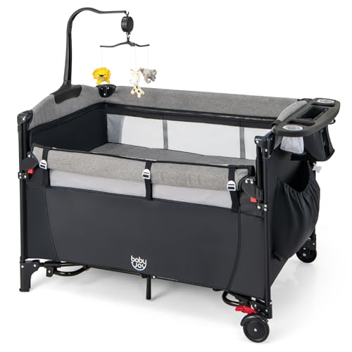 Image of BABY JOY 5-in-1 Pack and Play, Baby Bedside Sleeper with Bassinet, Multifunction Bedside Crib from Newborn to Toddlers, U-Shaped Diaper Changer, Playard, Safety Strap, Music Box & Hanging Toys