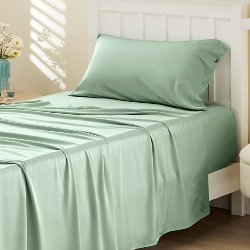 Image of Bedsure Cooling Sheets Twin, Rayon Derived from Bamboo, PureWoven, Breathable & Soft Twin Sheets Set, Deep Pocket Up to 16 Inches, Hotel Luxury Silky Bedding for Hot Sleepers, Sage Green