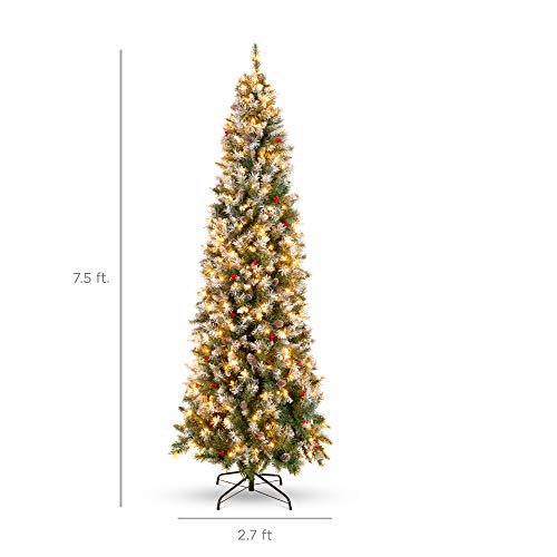 Best Choice Products 7.5Ft Pre-Lit Pencil Christmas Tree, Partially Flocked Pre-Decorated For Home, Skinny Frosted Holiday Tree W/ 1,075 Tips, 350 Lights, Pine Cones, Metal Hinges & Base #TOP6