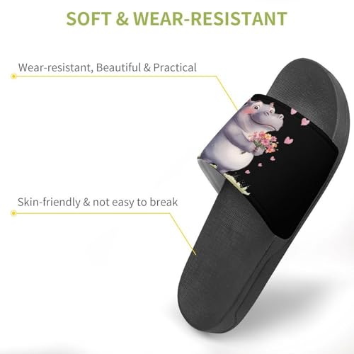 Hippopotamus Flowers Love Heart Shower Slippers for Women Men Casual Non-Slip Slide Sandals Beach Bathroom Shoes3