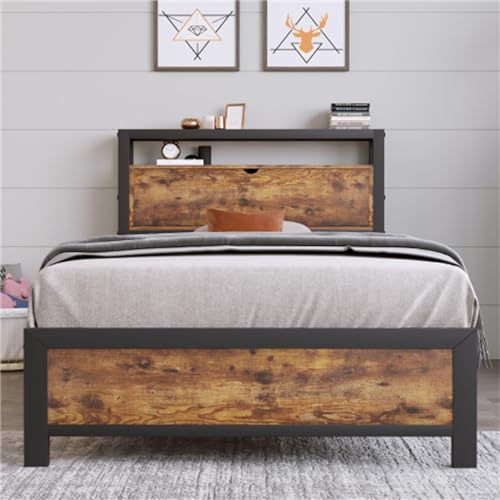 Cama Individual De Metal con Cabecero De Almacenamiento Ajustable Y Listones De Metal, Cama para Adultos con Patas De Apoyo, Adecuada para Adultos, Adolescentes Y Niños(Size:90x200cm)