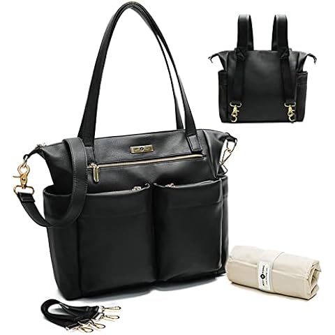 Nappy Changing Bags Tote Baby Changing Bag Backpack with Changing Mat & Insulated Pockets by Miss Fong Leather Baby Bags Hospital Bag Maternity Diaper Bags for Mum and Dad-Black Cover