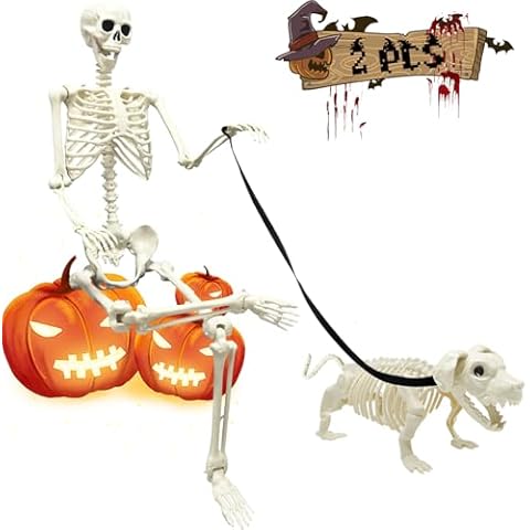 WODMAZ 5.4Ft Posable Halloween Skeleton, Full Body Life Size Skeleton with Dog Skeleton for Halloween Spooky Party Props Decor Cover