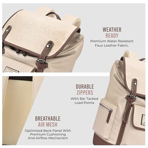 Image of Gear Classic 16.5 inch /21L Medium Water Resistant Faux Leather Anti Theft Knapsack | Laptop Bag | Casual Bag | Travel Bag for Men /Women (Cream - Brown)