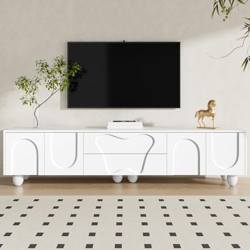 Merax Meuble TV avec pieds en bois - Moderne - Avec espace de rangement - 180 x 40 x 42 cm (L x l x H) - Avec portes et tiroirs - Meuble TV pour salon - Blanc