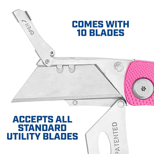 Image of Sheffield Lock Back Utility Knife 3 Pack with 10 Utility Knife Blades | Box Cutter with Aluminum Texture Grip Handle, Features Pocket Clip, Patented Quick Change Utility Blade Mechanism