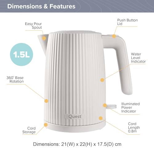 Quest 32039 1.5 Litre Cordless Kettle/Stylish Modern Grooved Design/Spout Filter/Overheat Protection / 3000W Fast Boil/White Colour - Image 2