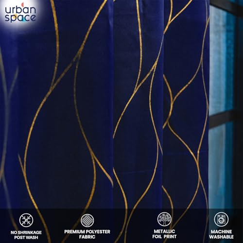 Image of Urban Space 80-85% True Blackout Curtains for Door, Gold Foil Printed Blackout Curtains, Blackout Decorative Door Curtain Eyelet with Tieback, 1 Piece Curtain for Living Room(Wave Navy Blue, 7 Feet)