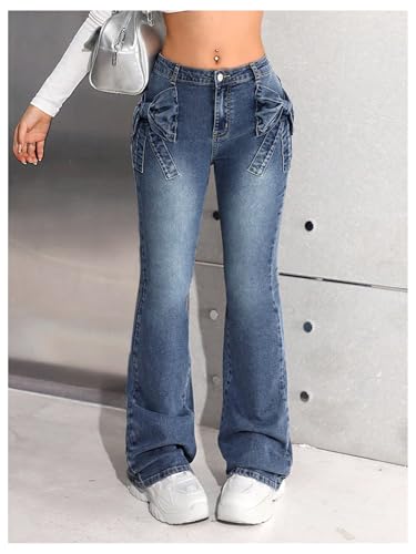 Verdusa Girl's Coquette Bowknot Bell Bottom Jeans Y2k Denim Flare Pants with Pockets4