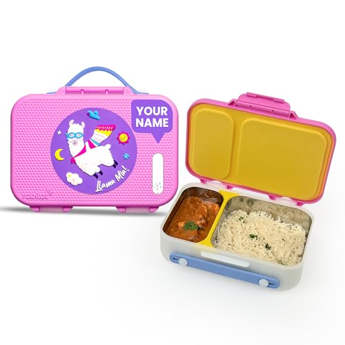 Image of Rabitat Munchbee Pro Personalized Stainless Steel Kids Lunch Box 850ml- Food-Grade Steel Bento Tiffin | 2-Year Brand Warranty | Spill-Proof Flick-Lock | 3 Compartments, BPA-Free, School-Safe | Chatter