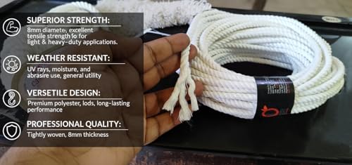Image of 8mm Polyester Rope, Weather Resistant, High Strength Cord, Super White (Length: 15 m, Diameter: 8 mm) for wll Hanging, Crafts, Home Decor