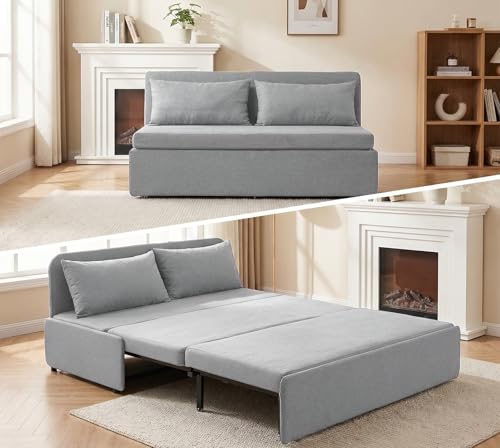 Image of BALUS 61 inch Queen Sleeper Sofa Bed Pull Out Couch with Pullout Beds, 2 in 1 Convertible Linen Loveseat Sofas Sleepers with Pillows, Tri-fold Mattress for Small Space Office Apartment Loft, Light Grey