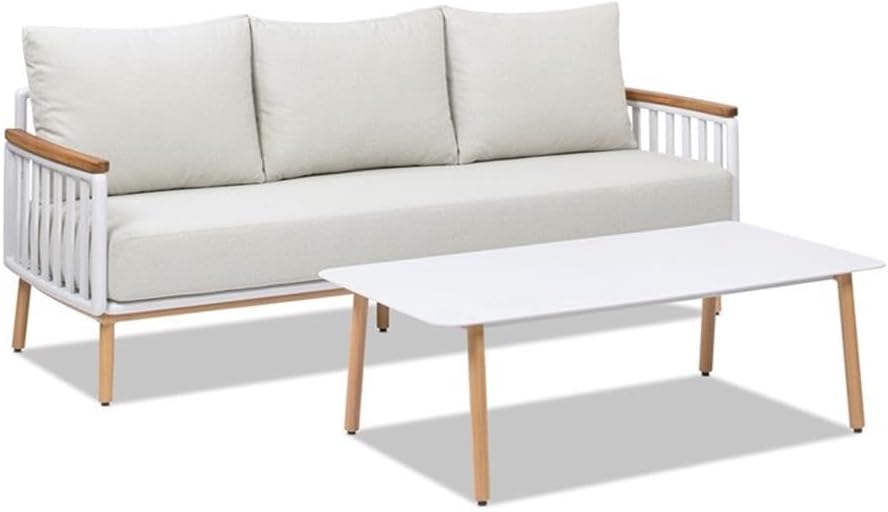 Pemberly Row 2-Piece Outdoor Sofa & Coffee Table Patio Set, Teak & Aluminum, Sand Dune Finish, UV-Resistant Cushions, Modern Coastal Design, Durable Furniture for Deck, Garden, or Patio Spaces
