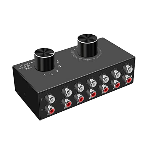 Image of Dingsun 6-Way Audio Switcher, Right and Left Channel Stereo Audio Switcher, Plug & Play Compatible with TV, Blu -Ray Player, DVD Player, CD, Amplifier, Speaker (6 in-1 Out)