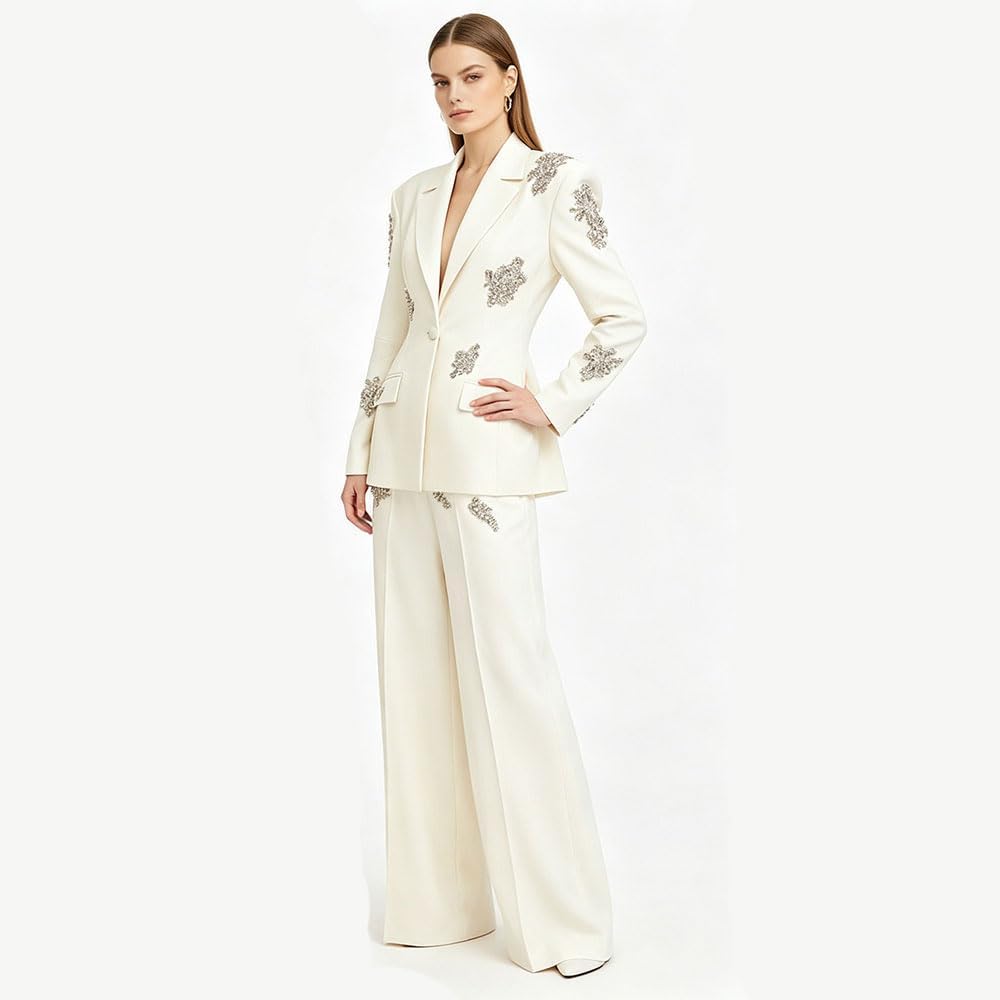 Women's Beaded Rhinestone Suits Set 2 Piece Blazer Jacket Pants Wedding Formal