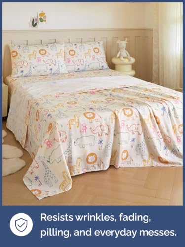 Image of Kids Full Size Animal Bed Sheets - 4 Piece Kids Animal Sheet Set - Doodle Safari Bedding - Ultra-Soft, Cute & Cozy - Breathable & Machine Washable - Jungle Bed Set for Boys, Girls, Teens & Toddlers
