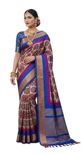 CIPS Sambalpuri Embroidery Silk Saree Checkered Handloom Buta with Zari Border - Blue Brown