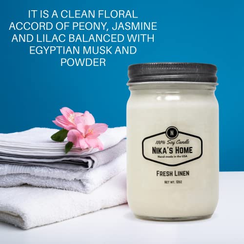 Nika's Home Fresh Linen Soy Candle 12Oz Mason Jar Non-Toxic Natural White Soy Handmade, Long Burning 50-60 Hours Highly Scented All Natural, Clean Burning Candle Gift Décor #TOP5
