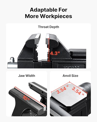 Image of VEVOR Heavy Duty Bench Vise, 10 inch Jaw Width, Multi-Purpose Ductile Iron Bench Vise with Anvil and 360-Degree Locking Swivel Base, 4.3 inch Throat Depth, 10 inch Max Jaw Opening, for Drilling, Pipe Cutting