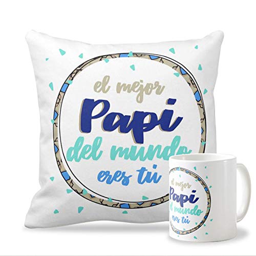 Personaliza tu carcasa Pack Taza + Cojín Ideales para el Día del Padre | Tazas de cerámica Cojín 40x40 cm con Relleno Incluido | Varios diseños | Frase El Mejor Papi del Mundo Eres tú