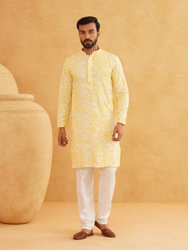 Image of SOJANYA (Since 1958 Men's Cotton Gold Sequinned Kurta with White churidaar Pyjama