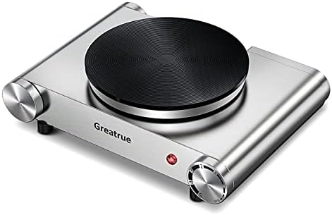 Greatrue Hot Plate， Electric Burner for Cooking Cast Iron hot plates, electric cooking stove With Adjustable Temperature Control Stainless Steel Countertop Burner Electric Cooktop（silver）