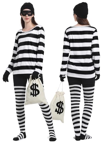 Fancyfun 6 Pcs Halloween Costume Set, Womens Robber Costume Set Adult Halloween Cosplay Costumes Party Burglar Shirt Mask Accessories L thumb #4