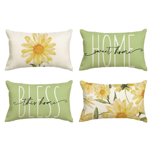 AVOIN colorlife Home Sweet Home Spring Summer Flowers Green Throw Pillow Covers, 12 x 20 Inch Cushion Case for Sofa Couch Set of 4