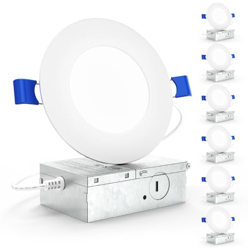 Sunco 6 Pack 4 Inch LED Recessed Lights, Slim Canless Ceiling Lighting, 650 LM, 10W (60W Equivalent), 5000K Daylight, Dimmable, Wafer Thin, Ultra Thin with Junction Box ETL