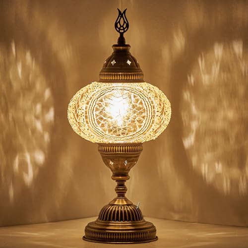 Turkish Moroccan Mosaic Battery-Operated Table Lamp – 30 cm H, 13 cm W, Portable Stained Glass Lamp for Indoor & Outdoor Use, Cordless Handmade Decorative Light for Bedroom, Balcony, Patio & Camping
