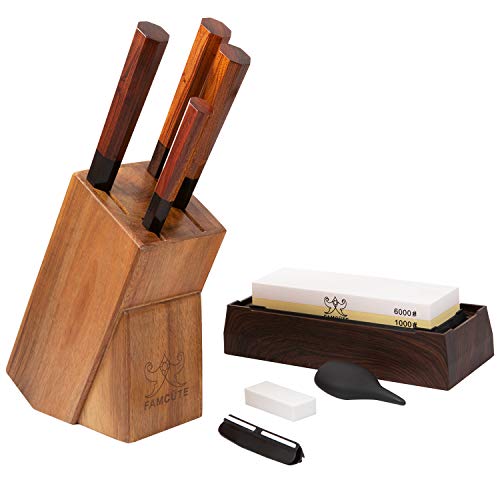 Image of FAMCUTE Japanese Chef Knife Set, Contains 8 inch Gyuto Knife /7 inch Nakiri Knife /7 inch Santoku knife /5 inch Utility knife And 1000 /6000 2 Side Grit Professional Sharpening Whetstone