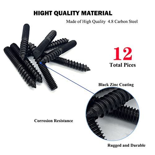Image of 12 Pack 5 /16-18 x 2 Inch Black Hanger Bolts Double Headed Bolts for Furniture Screws 50mm Length