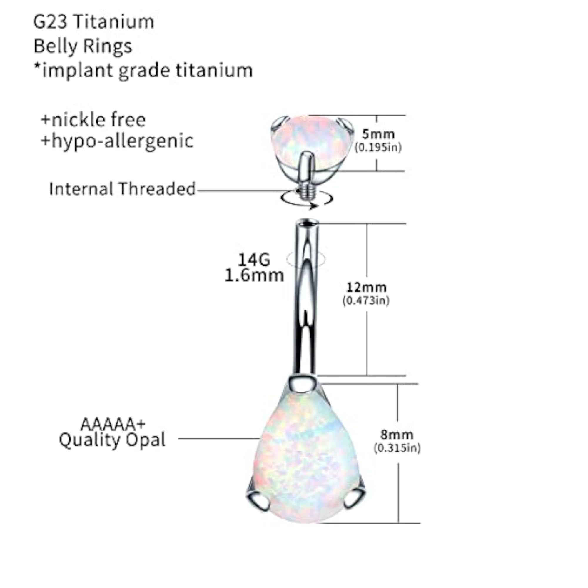 Drop Shaped Belly Button Ring with Cubic Zircon Opal, 14G Titanium