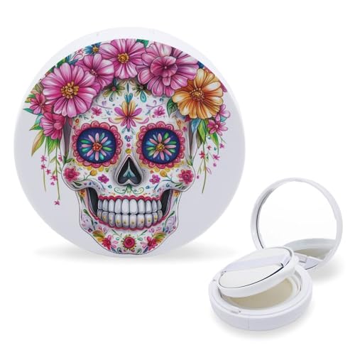 Hayyett Skull with Pink Flowers Air Cushion Puff Box Portable Cosmetic Makeup Case Container,Loose Powder Foundation Container