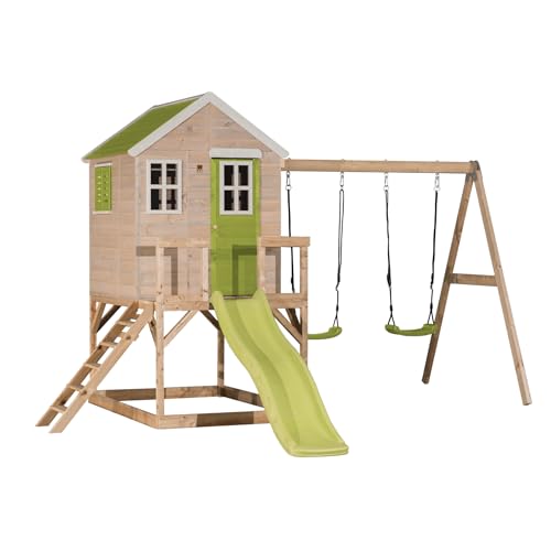 Wendi Toys M28 Stelzenhaus mit Rutsche und Doppelschaukel, Outdoor Spielturm aus FSC-Holz für Kinder Garten, Podesthöhe 90 cm, 330 × 405 × 242 cm, mit 175 cm Rutsche, Sandkasten, wetterfest