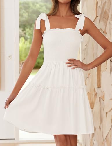 ZESICA Women's 2025 Summer Spaghetti Strap Sleeveless Square Neck Ruffle A Line Swing Mini Dress2