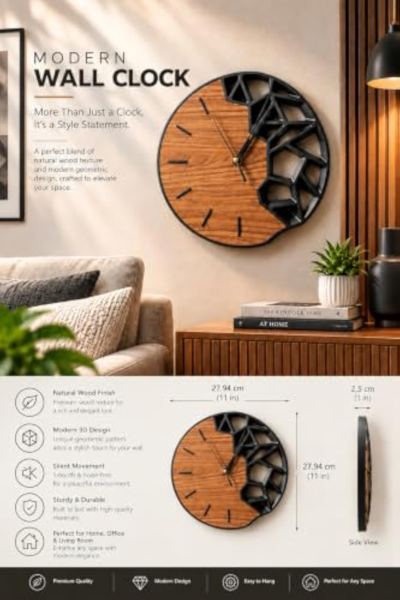 Modern Wall Clock, 3D Printed Geometric Decor for Living Room