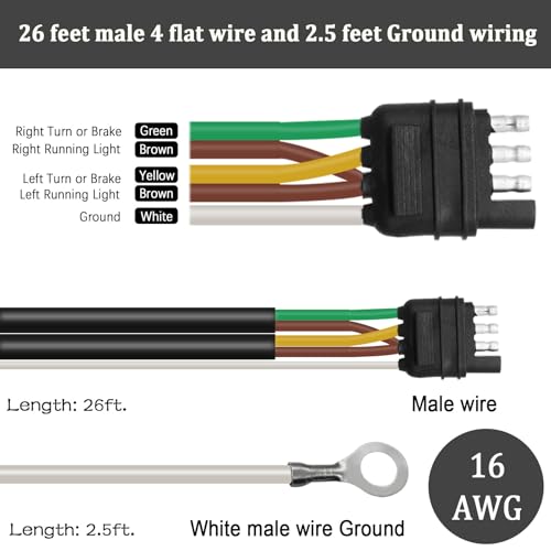Image of 26FT 4 Pin 5 Wire Trailer Wiring Harness,Trailer Light Kit with Jacketed Cable (16AWG),4 Way Flat 5 Wire Plug for Rewiring RV Boat Both-Side Taillights