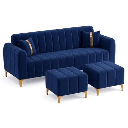 Image of FURNY Harmony 5 Seater L Shape Sofa Set with 2 Movable Ottoman & Golden Legs | Flexible Left or Right Layout | Plush Velvet Fabric (Dark Blue) | Perfect for Living Room, Guest Room & Office
