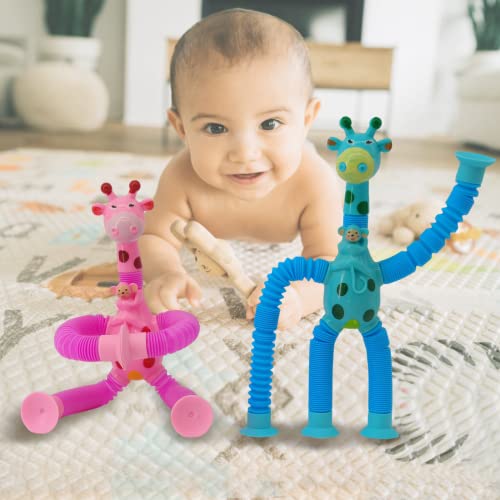 4 Pcs Led Telescopic Suction Cup Giraffe Toy, Giraffe Telescopic Tube, Unique Cute Animal Design Stretchy Suction Cup Toy, Decompress Educational Sensory Toys (Multicolour-Led) #TOP6
