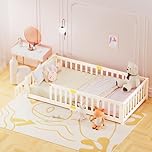 Meulbaty 190 x 90 cm Toddler Floor Bed, Montessori Floor Bed with Rails & Lockable Door, Twin Size Kid Beds for Toddlers 1-3 Years Old - White