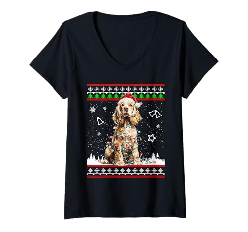 Mujer Suéter navideño Feo de Cocker Spaniel, Divertido para Perros Camiseta Cuello V