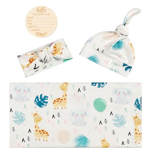 Image of Newborn Baby Swaddle and Headband Beanie Set Animal Print Receiving Blanket with a Name Card (Green and White)