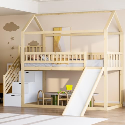 PUGSDRLY Lit Superposé Enfant 90x200cm avec Toboggan et Escalier de Rangement,Lit Enfant 2 Places,Sommier à Lattes,Cadre en Bois Massif,Clôture Haute,sans...
