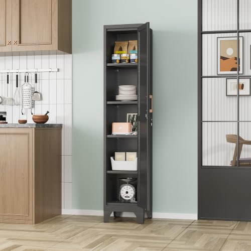 Image of 67 inchH Black Metal Locker with 1 Lockable Door and 4 Adjustable Shelves For Employees, 5 Tier Thin Storage Cabinet with Detachable Legs and Gold Handle for Kitchen,Office,Gym,School,Easy Assembly 2Pcs