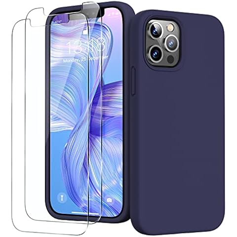 GOODVISH [3 in 1] Designed for iPhone 12 Case, iPhone 12 Pro Case with 2 Screen Protector, Liquid Silicone Soft Phone Case with Microfiber Lining Shockproof Full Protection Cover 6.1inch(Navy Blue) Cover