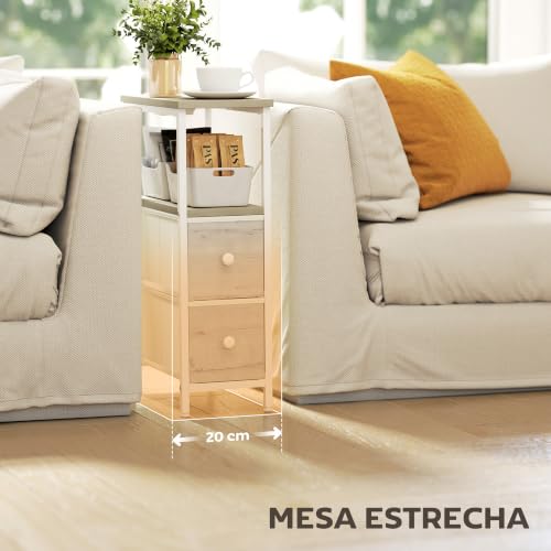 Miniatura 7 de Homcom Juego De 2 Mesas Auxiliares Con Enchufe, Mesitas Auxiliares Estrechas Con Toma Ac, Puerto Usb, Puerto Usb-C, 2 Cajones De Tela, Estante Abierto, Para Salón, Dormitorio, Natural