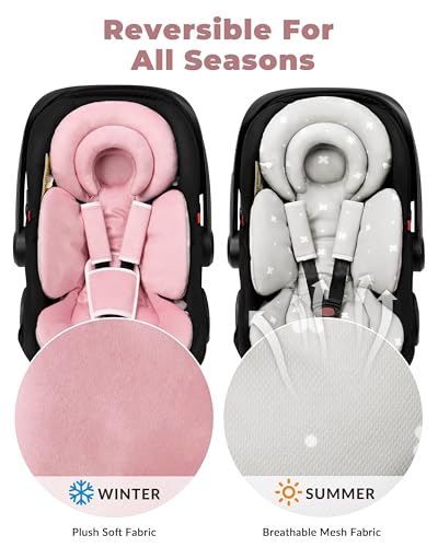 Image of Tinlyfinly Infant Car Seat Insert with Extra Cushion for Preemie to Toddler, Reversible Newborn Carseat Insert for Baby Head Body Support, Fits for Stroller, Baby Swing, Bouncer (Pink)